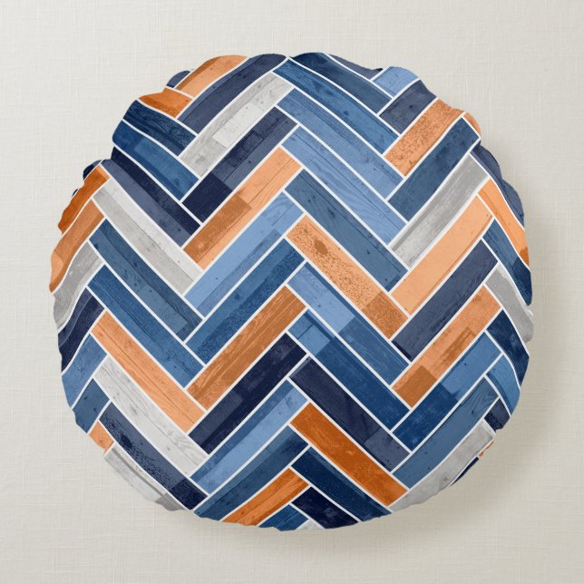 Herringbone Pattern in Navy Blue en Oranje Rond Kussen (Voorkant)