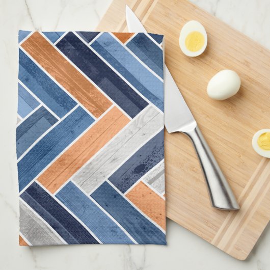 Herringbone Pattern in Navy Blue en Oranje Theedoek (Quarter Fold)