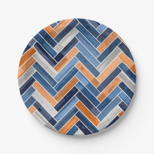 Herringbone Pattern in Navy Blue en Sinaasappel Papieren Bordje