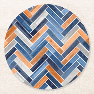Herringbone Pattern in Navy Blue en Sinaasappel Ronde Kartonnen Onderzetter