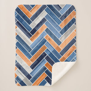 Herringbone Pattern in Navy Blue en Sinaasappel Sherpa Deken