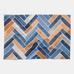 Herringbone Pattern in Navy Blue en Sinaasappel Theedoek