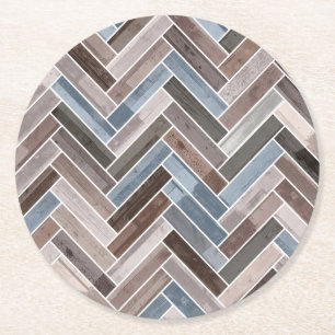 Herringbotpatroon in Blue Brown Grey Ronde Kartonnen Onderzetter