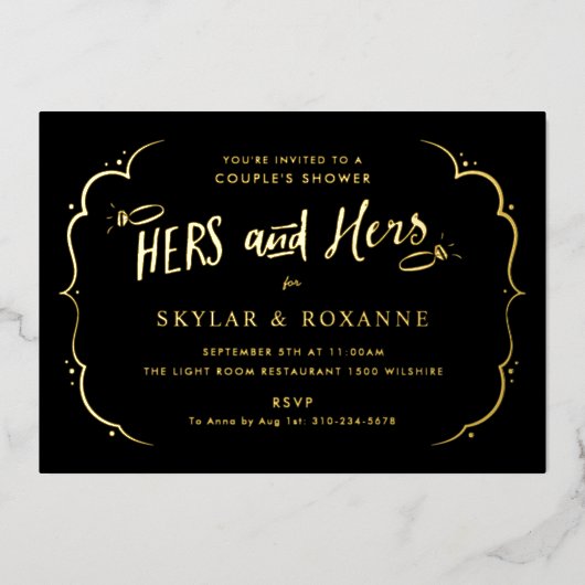 Hers and Hers Gay Couples Shower Gold Folie Uitnodiging (Voorkant)