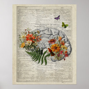 Hersenanatomie met bloemen en vlinders poster