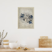 Hersenanatomie met Navy Blue Flowers Medische Kuns Poster (Keuken)