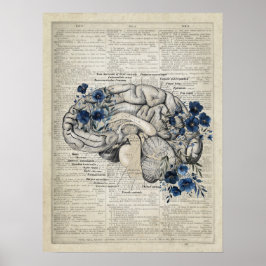 Hersenanatomie met Navy Blue Flowers Medische Kuns Poster
