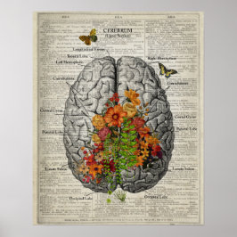 Hersenanatomie met vlinders en bloemen poster