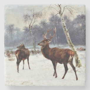 Hert en hinde in een besneeuwd landschap stenen onderzetter