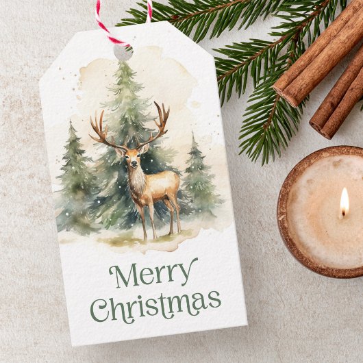 Hert en kerstbomen aquarel naar van cadeaulabel