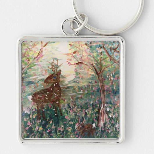 Hert en konijn in het bos Sleutelhanger (Voorkant)