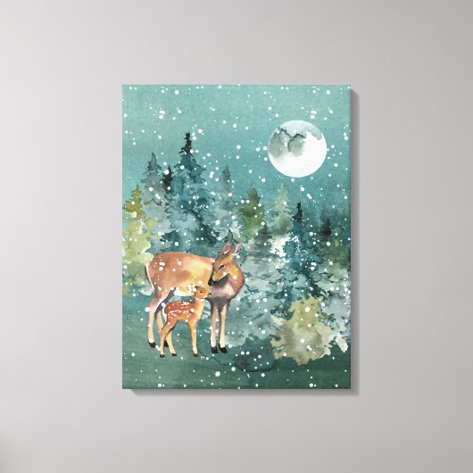 Hert en Ree Bos Volle Maan Sneeuwval Canvas Afdruk (Voorkant)