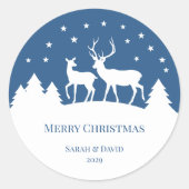 Hert Herten & Doe Blauw Wit Kerstfeest Ronde Sticker (Voorkant)