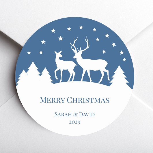 Hert Herten & Doe Blauw Wit Kerstfeest Ronde Sticker