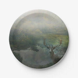 Hert in bosrijk gebied bij bosvijver papieren bordje