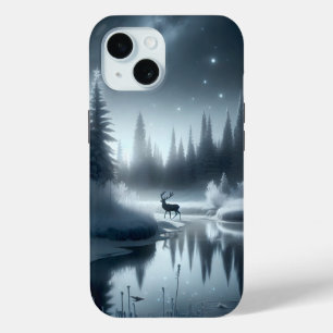 Hert in een winterrivier 's nachts iPhone 15 case