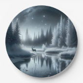 Hert in een winterrivier 's nachts papieren bordje (Voorkant)