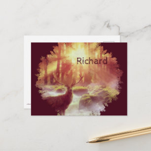 Hert in nevelig bos bij gouden zonsopgang briefkaart