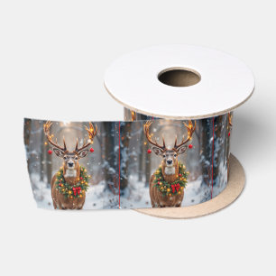 Hert in sneeuwvlokken met een kerstkrans satijnen lint