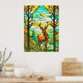 hert in weide Glas in lood Afbeelding Poster (Keuken)