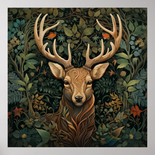 Hert met gewei in magisch bos poster (Voorkant)