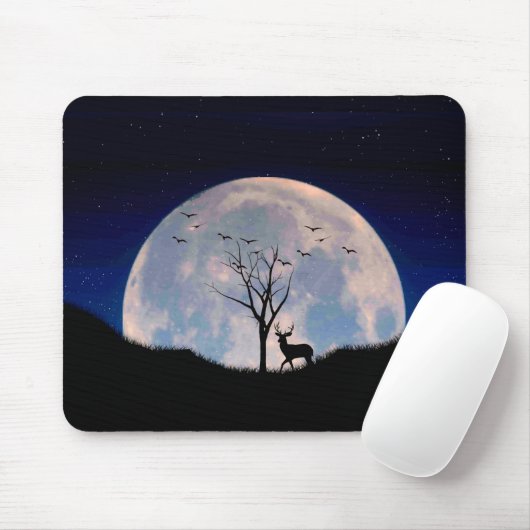 Hert met groot gewei tegen volle maan muismat (Met muis)