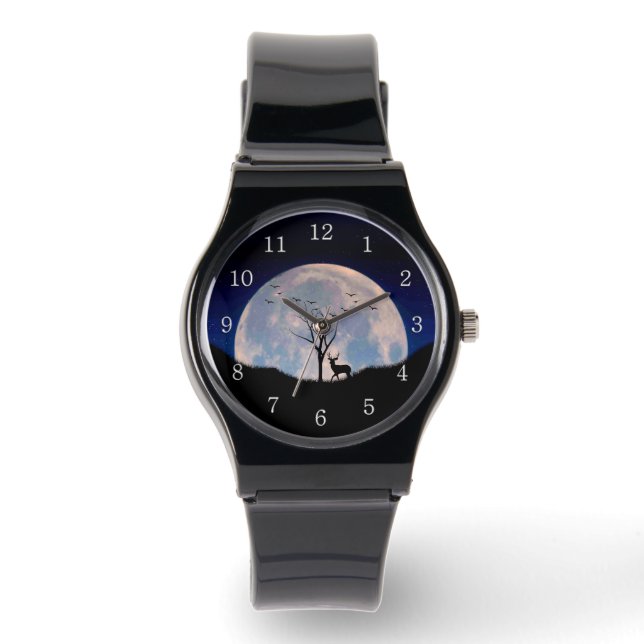 Hert met groot gewei tegen volle maan witte cijfer horloge (Voorkant)