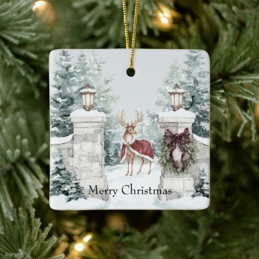 Hert Rood Jas Sneeuw Kerstmis Keramisch Ornament (Boom)