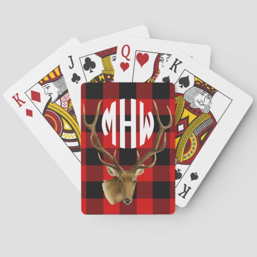 Hert Rood Zwart Wit Cirkel Monogram Buffalo Plaid Pokerkaarten (Achterkant)