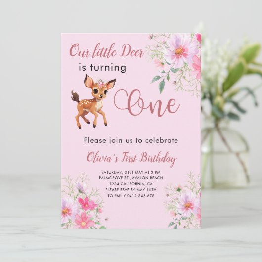 Herten 1e verjaardag Cosmo roze bloemen Kaart (Staand voorkant)
