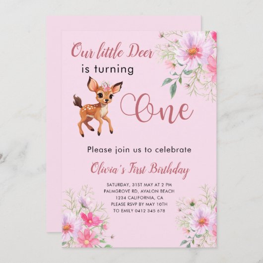 Herten 1e verjaardag Cosmo roze bloemen Kaart (Voorkant / Achterkant)
