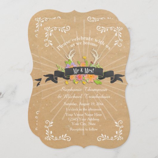 Herten Antler Wildflower Starburst rustieke bruilo Kaart (Voorkant / Achterkant)