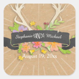 Herten Antler Wildflower Starburst rustieke bruilo Vierkante Sticker