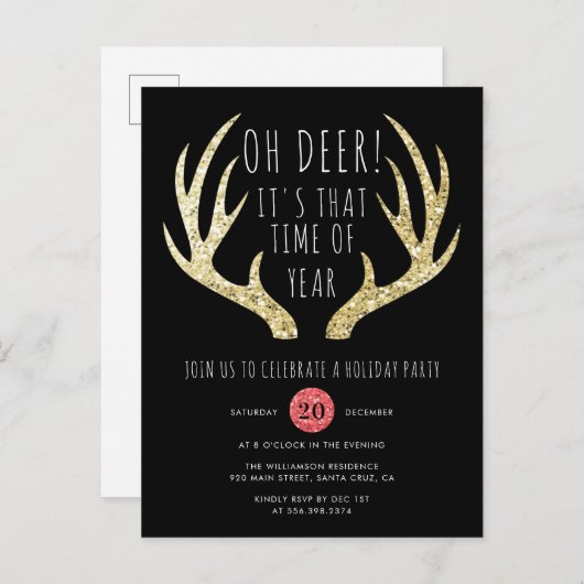 Herten Antlers Goud & Zwart Kerstfeest Uitnodiging Briefkaart (Voorkant / Achterkant)