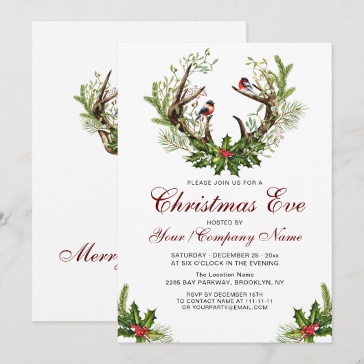 Herten Antlers, Vogels Holly Berry Kerstfeest Kaart (Voorkant / Achterkant)