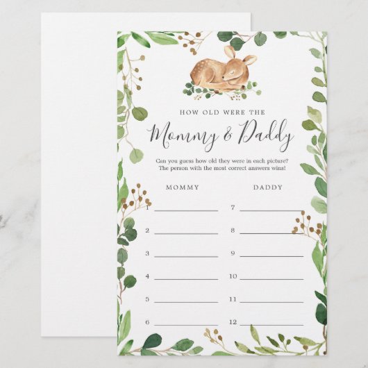 Herten Baby shower Hoe oud waren ze spel Kaart (Voorkant / Achterkant)