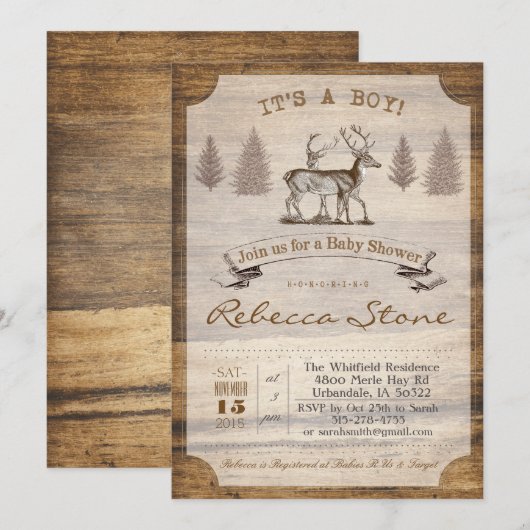 Herten Baby Shower Houten Uitnodiging (Voorkant / Achterkant)