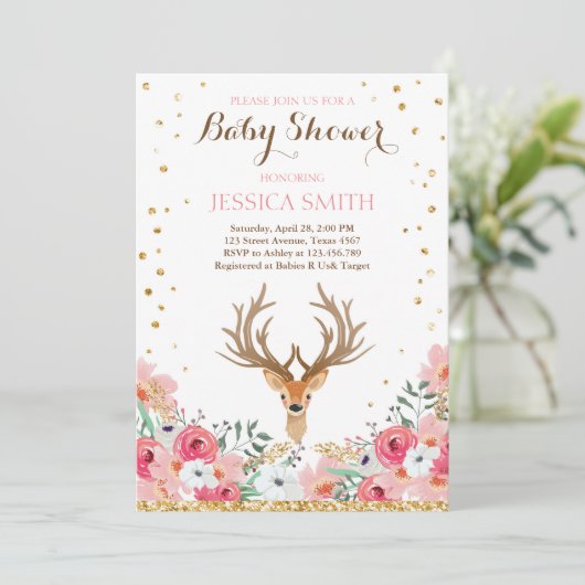 Herten baby shower uitnodiging Woodland Girl Flora (Staand voorkant)