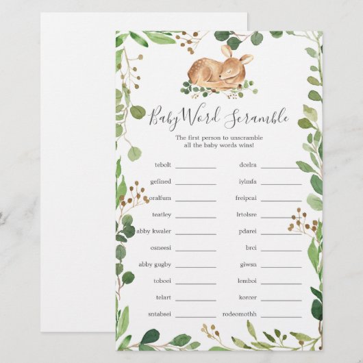 Herten Baby shower Word Scramble spel (Voorkant / Achterkant)