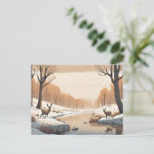 Herten bij de rivier Wildlife Winter Landschap Briefkaart (Staand voorkant)