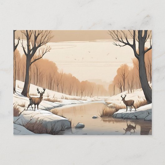 Herten bij de rivier Wildlife Winter Landschap Briefkaart (Voorkant)