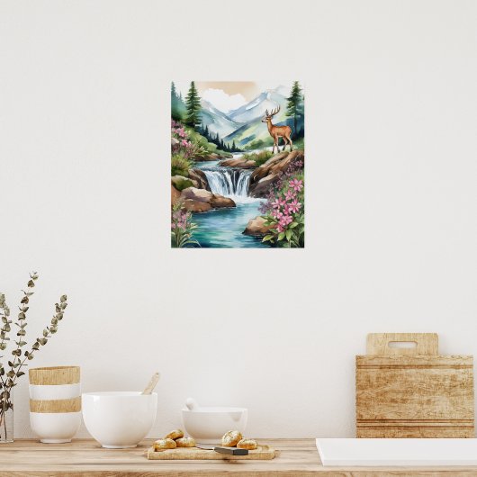 Herten bij Waterfall 2 Poster (Keuken)