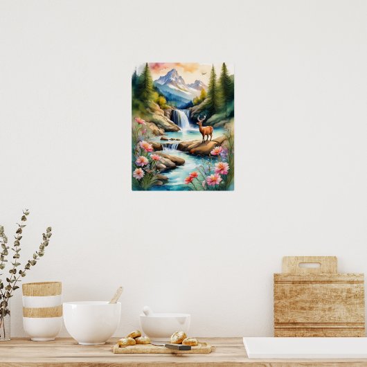 Herten bij Waterval 1 Poster (Keuken)