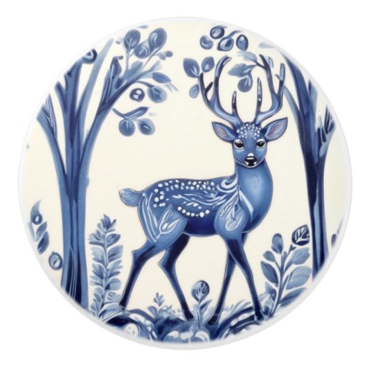 Herten Blauw en Wit Woodland Folk Animal Art Keramische Knop (Voorkant)