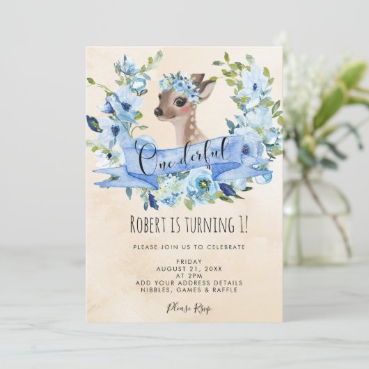 Herten Blauwe Bloemen Onederful 1e verjaardag uitn Kaart (Staand voorkant)