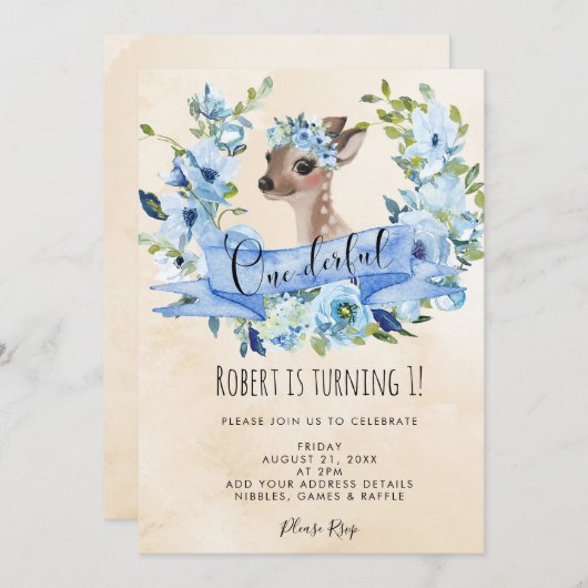 Herten Blauwe Bloemen Onederful 1e verjaardag uitn Kaart (Voorkant / Achterkant)