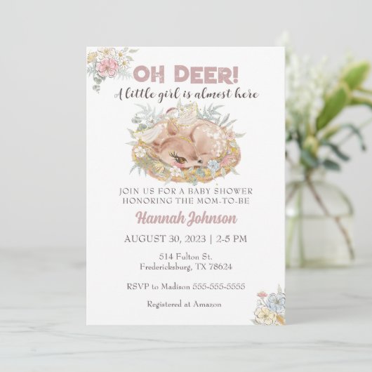 Herten Bloemen Herfst Baby Meisje Baby shower Kaart (Staand voorkant)