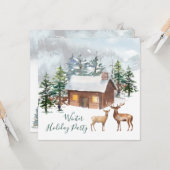 Herten, blokhut Christmas Party Flat Wenskaart Kaart (Voorkant / Achterkant in situ)