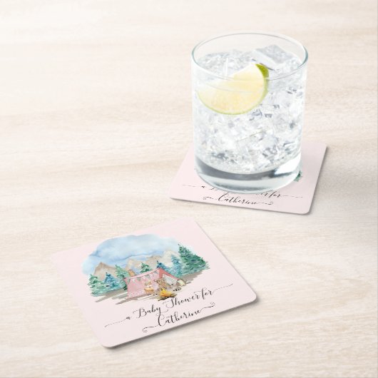 Herten Bos Dieren Beer Rustiek Roze Baby shower Kartonnen Onderzetters (Insitu)