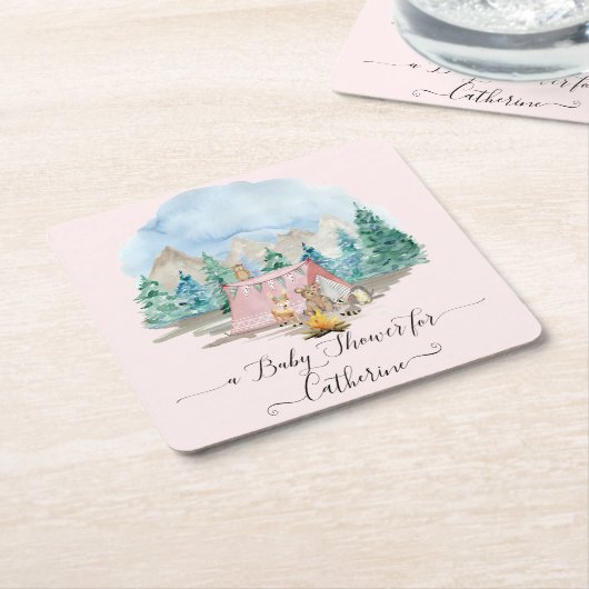 Herten Bos Dieren Beer Rustiek Roze Baby shower Kartonnen Onderzetters (Schuin)